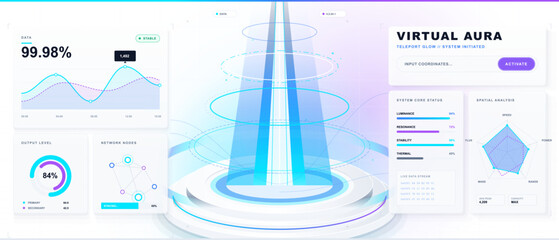 Bright virtual aura hologram dashboard with blue teleport beam, circular portal platform, glowing rings, system gauges and spatial analysis panels. © Антон Сальников