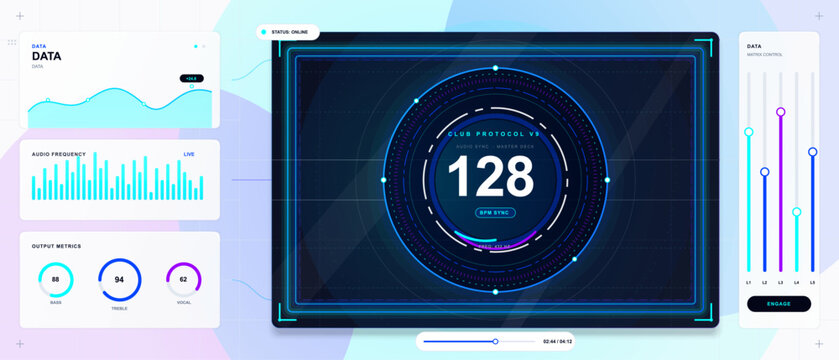 Modern club audio dashboard with neon rectangular frame, 128 BPM circular sync display, frequency bars, output gauges and slider controls.