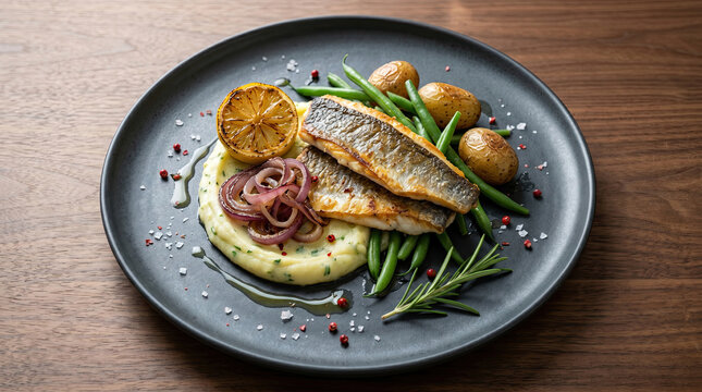 Pan seared fish fillets served with creamy mashed potatoes, green beans, and roasted potatoes