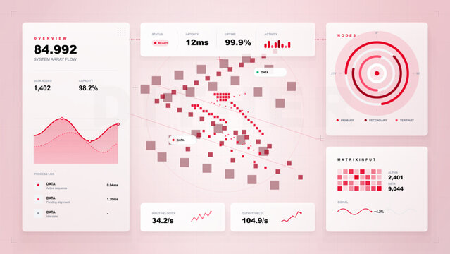 Light futuristic data dashboard with red pixel matrix field, circular node gauge, flow charts, process log cards and clean grid background