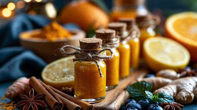 A row of small glass bottles of ginger turmeric immunity shots with citrus fruits and spices arranged around them, immunity shots, ginger turmeric, citrus fruits, spices,
