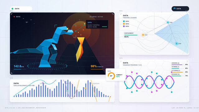 Futuristic augmented reality dashboard with low poly blue dinosaur, tracking map, DNA helix, analytics charts and light grid interface panels