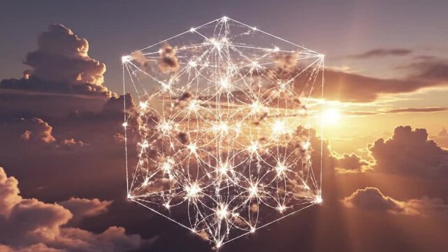 Sacred Geometry Metatron Cube Floating in Sunset Sky, Spiritual Enlightenment Symbol