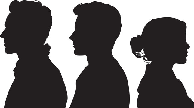 Three diverse individuals are depicted in profile silhouette, showcasing a range of hairstyles and head shapes against a clean white background.