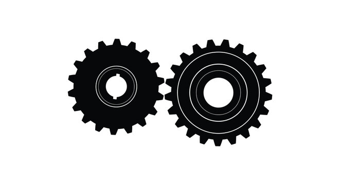 Two black gear silhouettes on a white background
