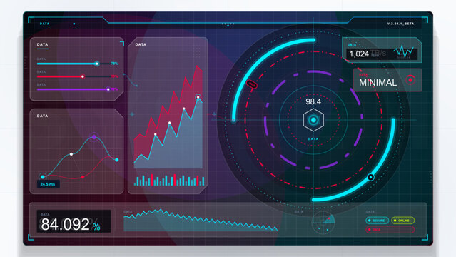 Dark futuristic HUD dashboard with neon circular gauges, data charts, progress bars, graphs, and glowing tech panels on a grid screen layout.