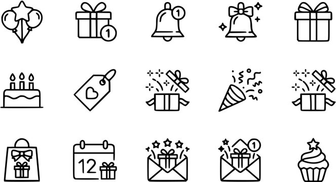 Birthday Celebration Icon Set: Balloons, Gifts, Cake, Bell, Cupcake, Calendar - Line Art
