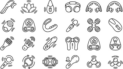 Massage Tools Line Art Icons Set. Wellness and Personal Care Electric Massagers, Handheld Therapy Devices, and Spa Equipment Outline Vectors. © pixraw
