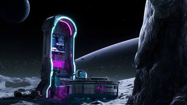 Futuristic outpost glows on alien moonscape revealing planetary data streams and cosmic vistas