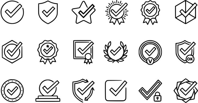 Black and White Line Art Icons of Checkmarks and Badges for Verification and Approval