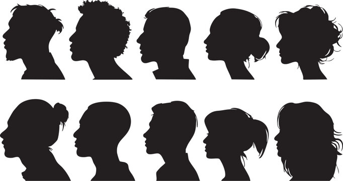 A grid of ten black silhouettes representing people's heads in profile are displayed on a white background, featuring a variety of male and female hairstyles.