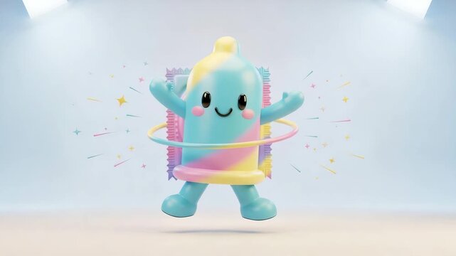 3D yellow and pink condom character spinning a hula hoop