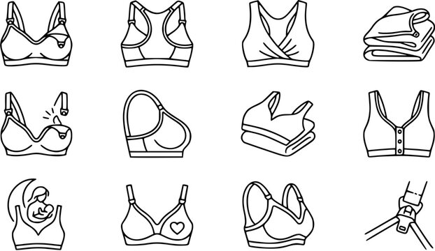 Black and White Line Art Icons of Nursing Bras, Maternity Underwear and Accessories for Motherhood