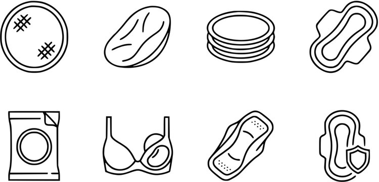 Feminine Hygiene and Maternity Outline Icons. Vector line art set of sanitary pads, reusable liners, nursing bra, and women's health products.