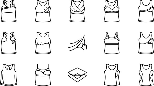 Maternity and Nursing Women's Apparel Outline Icons Set. Line Art Symbols for Bras, Tank Tops, Camisoles, and Easy Access Features.
