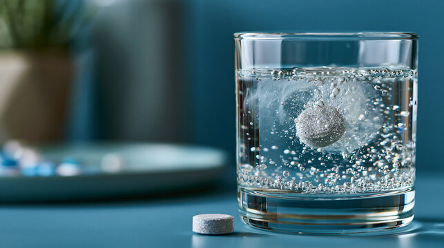A glass of water with a dissolving effervescent tablet creating bubbles and a cloudy swirl, effervescent tablet, dissolving bubbles, glass of water, cloudy liquid, dynamic
