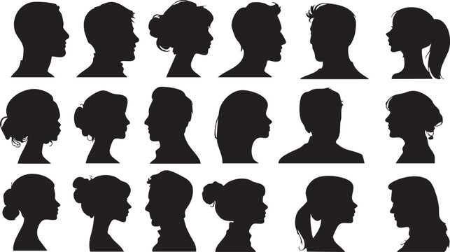 Two men and two women stand in profile silhouette, facing each other in pairs, their stances suggesting conversation or comparison against a white backdrop.