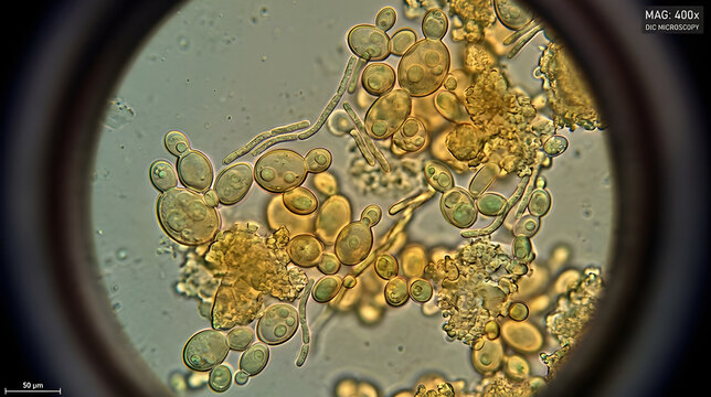 High Resolution Microscopic View of Yeast Cells Budding and Fungi Microorganisms under 400x DIC Microscopy for Laboratory Science and Education