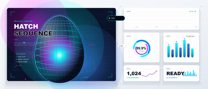 Futuristic Easter dashboard with glowing holographic wireframe egg, hatch sequence panel, radial gauge, charts, and data widgets on pale grid