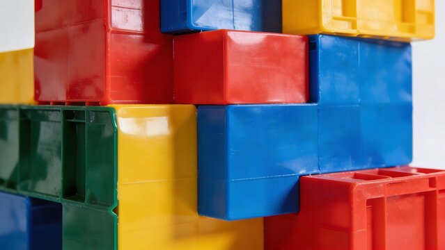 Close-up of colorful plastic building blocks stacked in a modular pattern