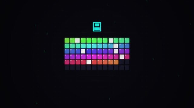 Retro pixel art block breaker game interface with binary code background