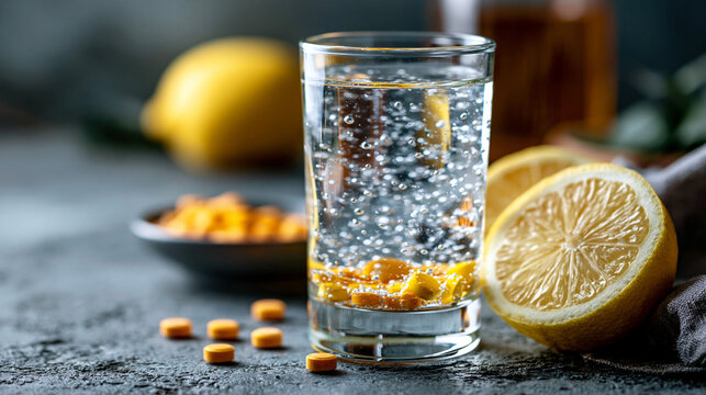 A glass of effervescent vitamin c water with floating bubbles beside fresh lemon halves on a grey table, vitamin c water, effervescent tablets, fresh lemons, grey table, citrus