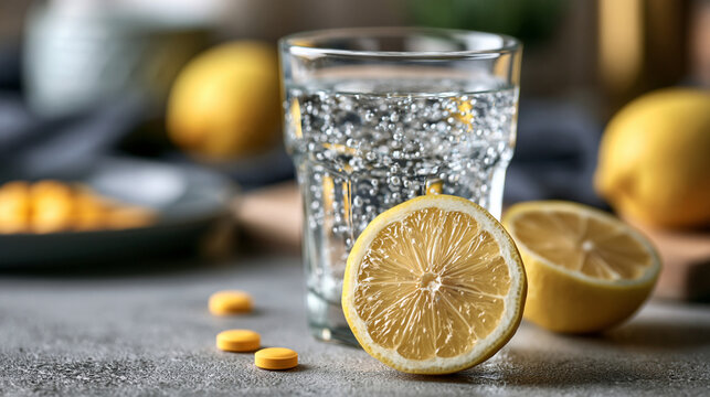 A glass of effervescent vitamin c water with floating bubbles beside fresh lemon halves on a grey table, vitamin c water, effervescent tablets, fresh lemons, grey table, citrus