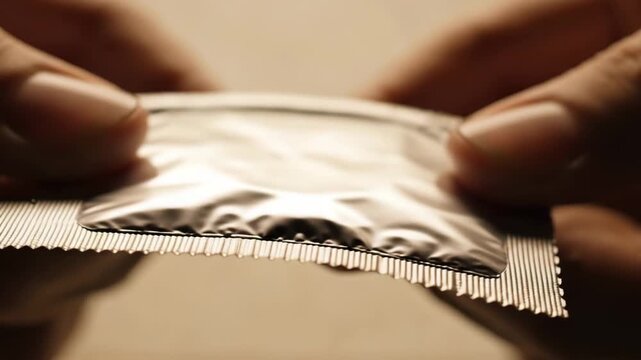 Close up of hands opening a silver foil condom packet in the dark