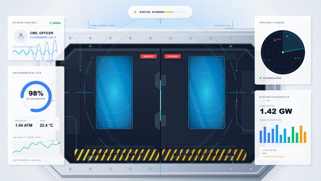 Futuristic secure sliding door with blue glass windows, hazard stripes, access control panels, radar display and diagnostics on a white grid