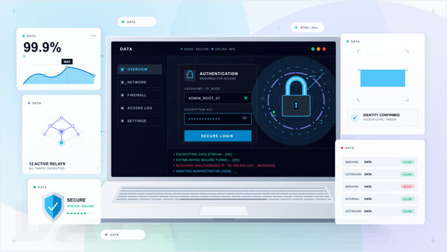 Personal data protection dashboard on laptop with authentication login, padlock scanner, encrypted relays, firewall rules and secure status panels