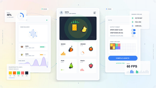 Futuristic vector dashboard for compiling retro pixel fruit assets, with 8-bit icons, color palette cards, grid maps, and soft UI panels.