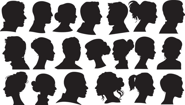 A grid of twenty four black silhouettes portraying a variety of men and women's profiles with different hairstyles arranged neatly on a white background.