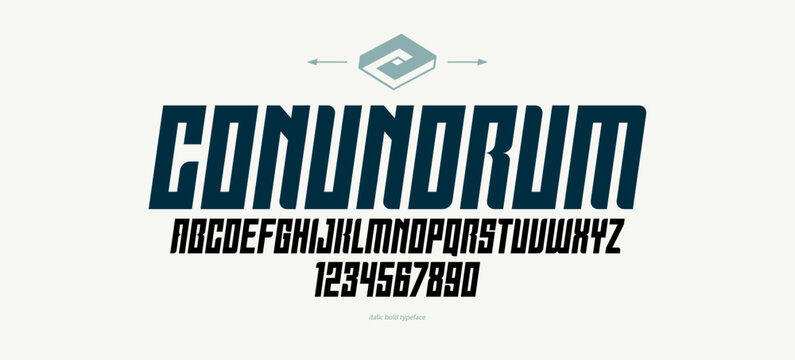 Geometric italic and bold sans serif typeface, vector thick and massive minimal font, poster and advertising letters and numbers alphabet for logos headers or slogans.