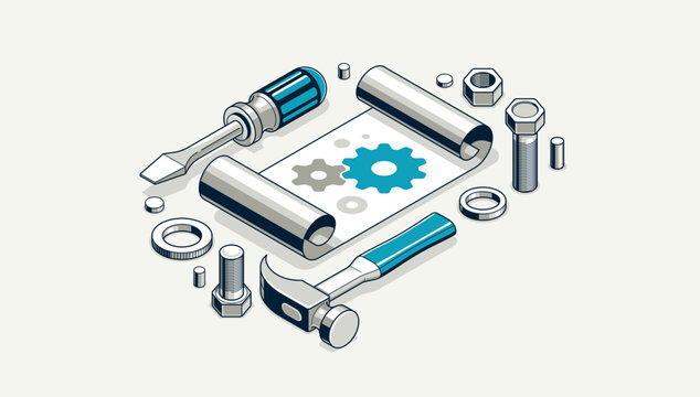 Mechanical engineering project concept, engine draft plan drawing, technical scheme blueprint, paper sheet with gears 3D isometric vector illustration, repair tutorial.