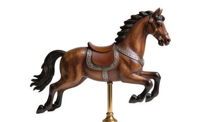 Detailed wooden carousel horse with ornate saddle and bridle, isolated on transparent background © Aliona