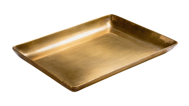 Rectangular brushed brass tray with rounded corners, isolated on transparent background