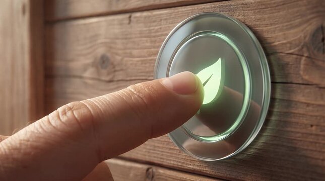 A finger pressing a glowing green leaf symbol button on a wooden panel, representing eco-friendly choices.