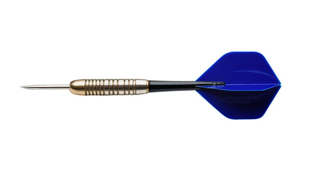 Golden metal dart with blue fins, isolated on transparent background