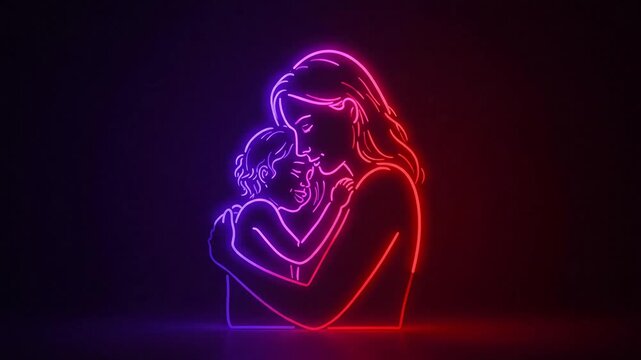 A neon silhouette of a mother and child expressing deep love.