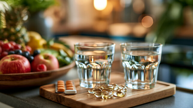 Two glasses of water and supplement capsules arranged on a kitchen counter beside a fruit bowl, two glasses, supplements, dietary capsules, kitchen counter, healthy routine,