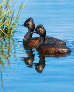 Two black-necked grebes swimming in calm blue water with green reeds on the left side of frame