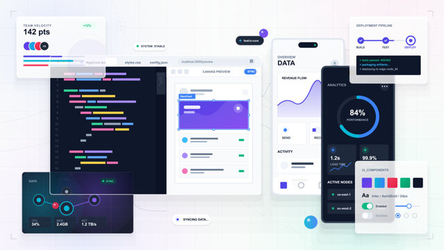 Futuristic software development dashboard with code editor, app preview, analytics panels, deployment pipeline and UI components on light grid.