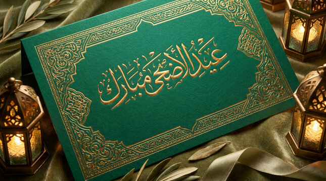 Luxury Eid al-Adha Mubarak Arabic Calligraphy Greeting Card with Gold Foil Islamic Pattern and Elegant Emerald Green Background