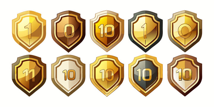 Golden and metallic game level shield icon set, vector