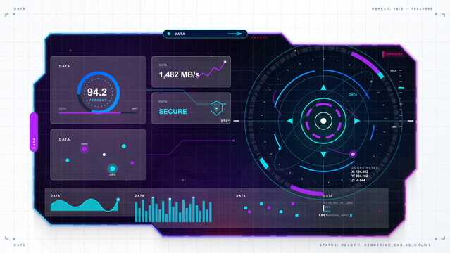 Futuristic cyber HUD panel with neon blue purple frame, circular radar display, secure status cards, data charts and graphs on white grid.