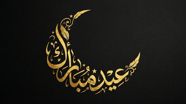 Elegant Arabic Calligraphy Eid Mubarak Crescent Moon Artwork on Black Background with Luxury Gold Ink Texture