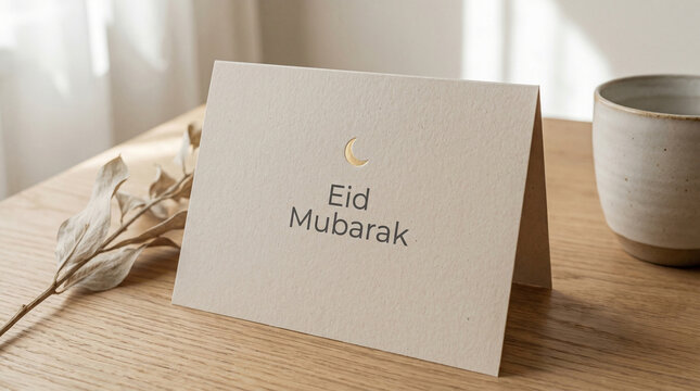 Minimal Scandinavian Eid Mubarak Greeting Card with Neutral Beige Palette Crescent Moon and Clean Typography