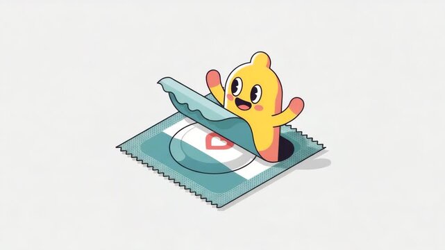 2D cartoon yellow character popping out of a condom packet wrapper