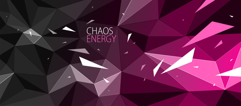 Low poly surface with geometric particles in motion, 3D polygonal vector abstract background with dynamic chaos of flying debris, science and technology.