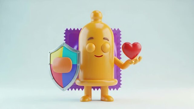 3D orange condom character with a shield and a heart icon